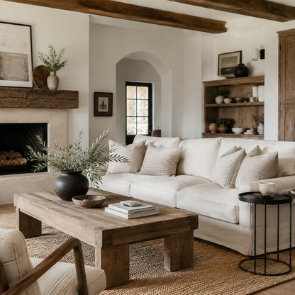 Rustic-clean farmhouse living room with simple contemporary furniture