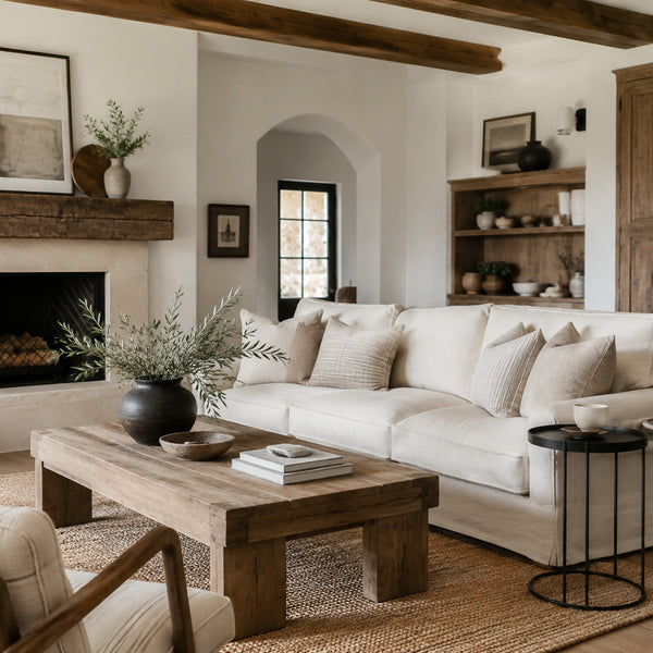 Rustic-clean farmhouse living room with simple contemporary furniture