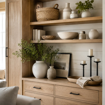 Modern farmhouse decor vignette with oak ceramics linen and black accents