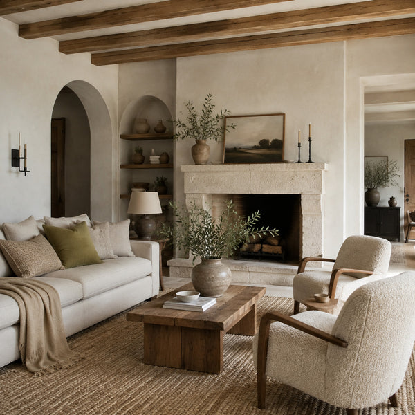 Modern farmhouse interior with warm neutral colors and natural materials