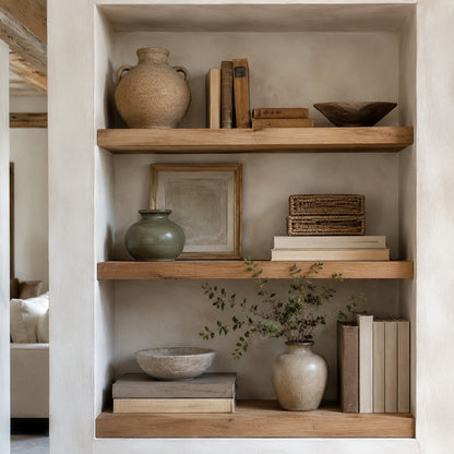 Farmhouse shelves decorated with ceramics books and greenery