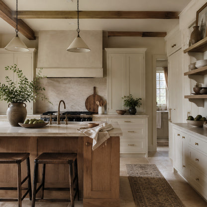 Warm neutral farmhouse kitchen with oak island and white cabinets