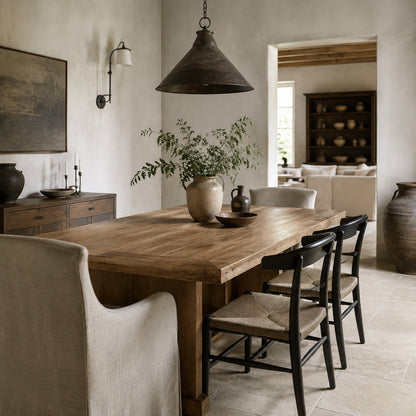 Modern farmhouse dining room with natural wood furniture
