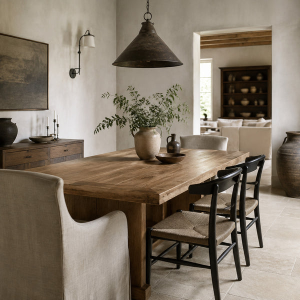 Modern farmhouse dining room with natural wood furniture