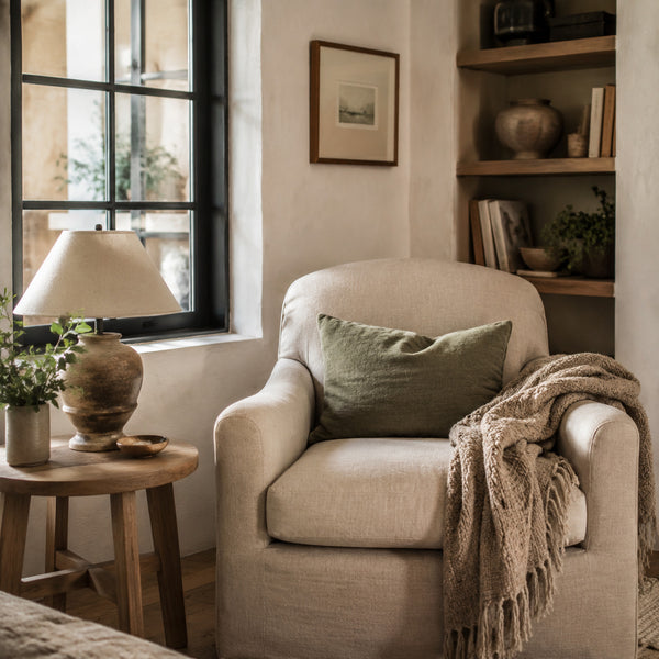 Cozy farmhouse bedroom with neutral linen bedding