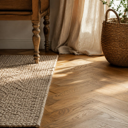 Natural wood flooring with textured rug and linen curtains
