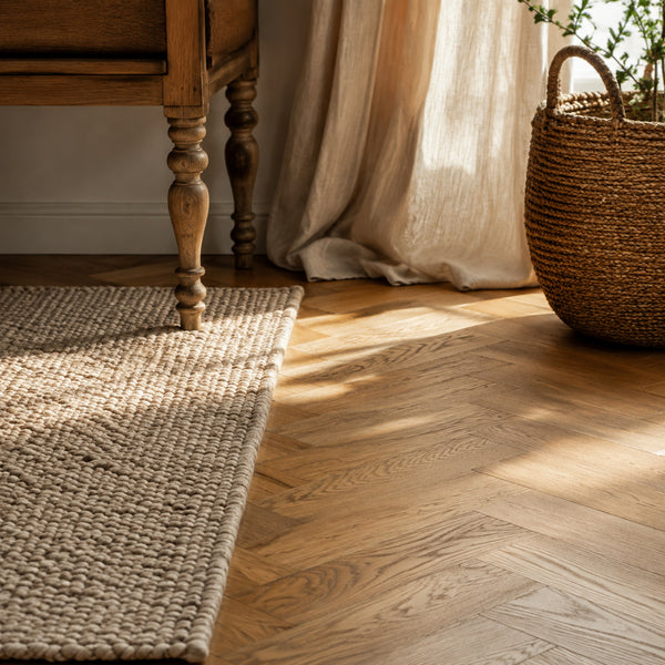 Natural wood flooring with textured rug and linen curtains