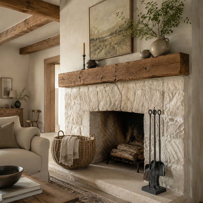 Modern farmhouse fireplace with limestone and natural wood details