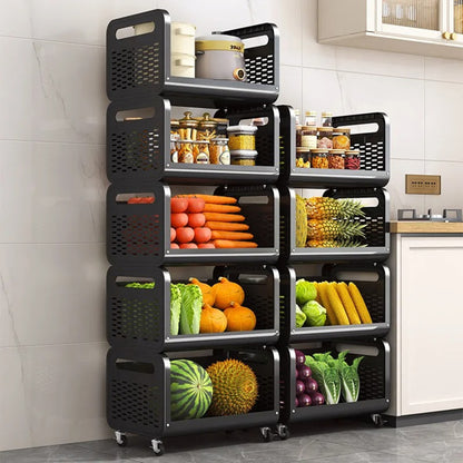 Mobile pantry organizer with ventilated storage baskets