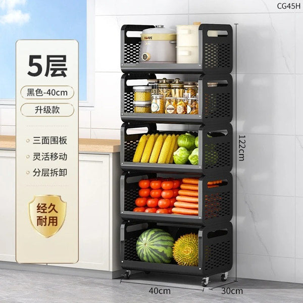 Ventilated kitchen storage shelves with locking wheels