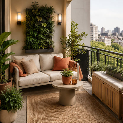 Small apartment balcony with outdoor rug and compact seating