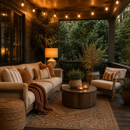 Cozy porch with weatherproof textiles and warm mood lighting