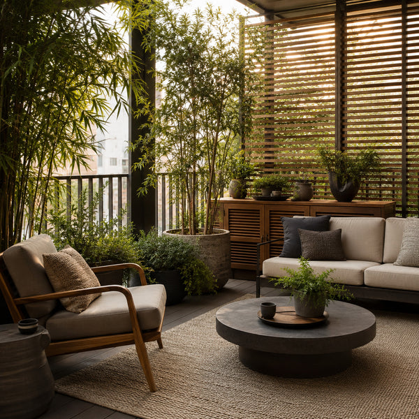 Private urban balcony with wooden screen, plants and lounge seating