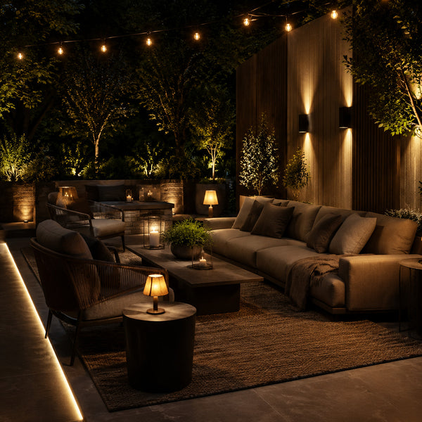 Mediterranean patio with outdoor sofa, lanterns and textured cushions