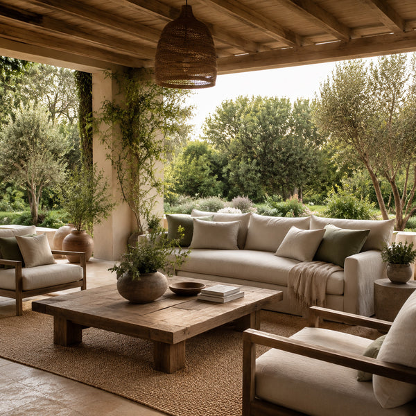Comfortable covered patio styled as an outdoor living room