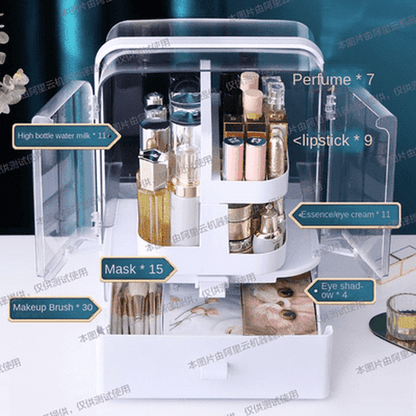 rotary design makeup organizer container storage box for cosmetics jewelry with clear dustproof lid, top handle for carrying, drawers. type: household storage containers.