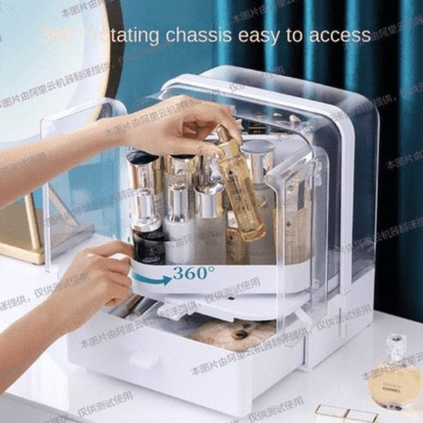 rotary design makeup organizer container storage box for cosmetics jewelry with clear dustproof lid, top handle for carrying, drawers. type: household storage containers.