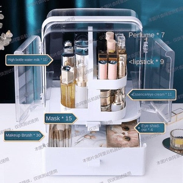 rotary design makeup organizer container storage box for cosmetics jewelry with clear dustproof lid, top handle for carrying, drawers. type: household storage containers.