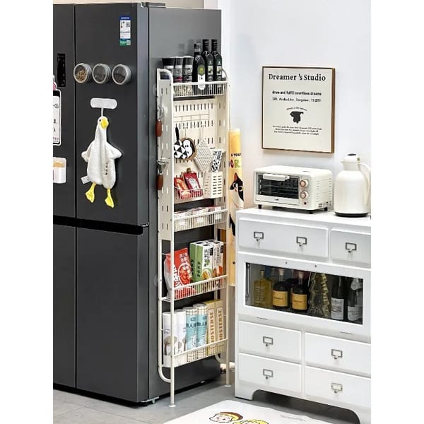 space saving kitchen organizer slim storage rack for narrow spaces beside cabinets