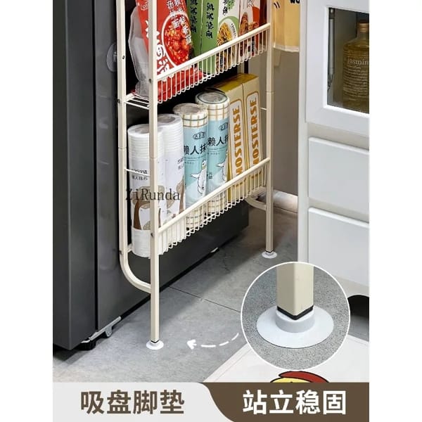 narrow kitchen storage rack beside refrigerator space saving solution