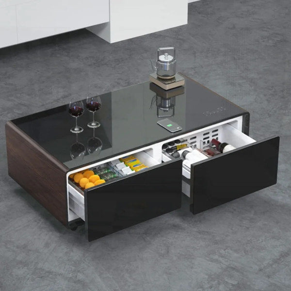 Designer coffee table with dual fridge compartments and LED lighting