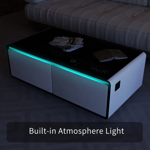 Living room smart table with Bluetooth speakers and refrigerated drawers