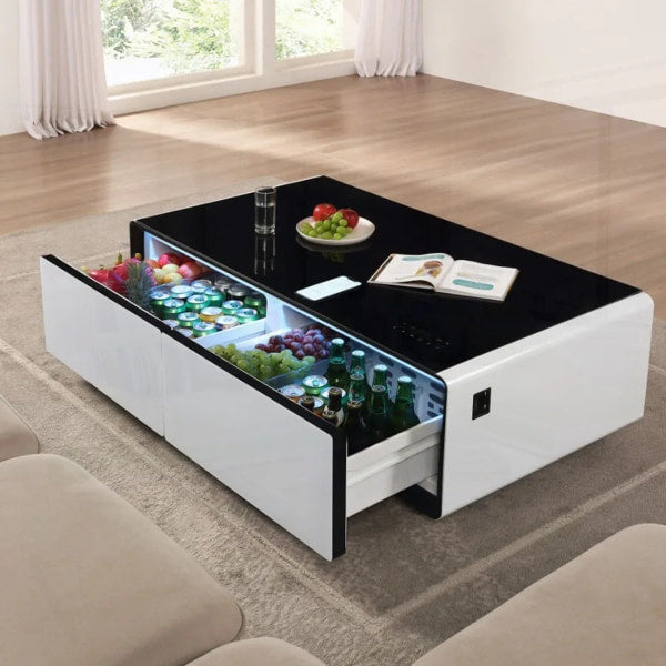 Coffee table with tempered glass top and built in refrigerator