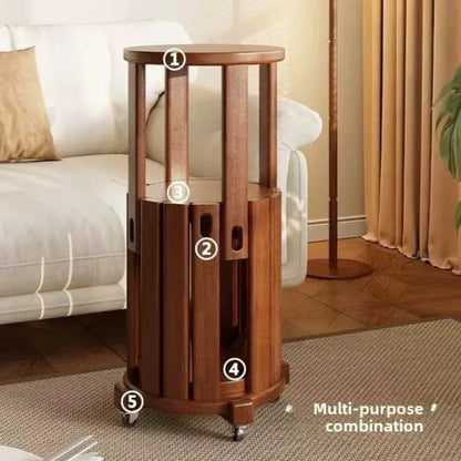 Convertible round wooden side table with hidden stools