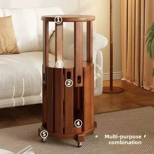 Convertible round wooden side table with hidden stools
