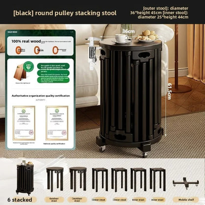 Space-saving wooden furniture with four stools