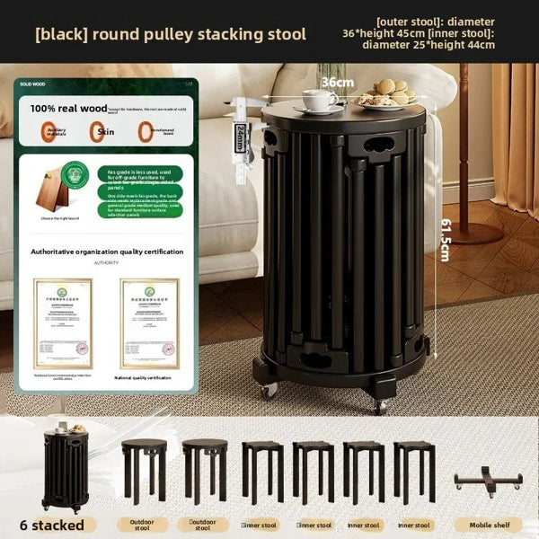 Space-saving wooden furniture with four stools