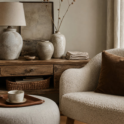 Distressed wood console styled with ceramics, linen, bouclé and velvet textures