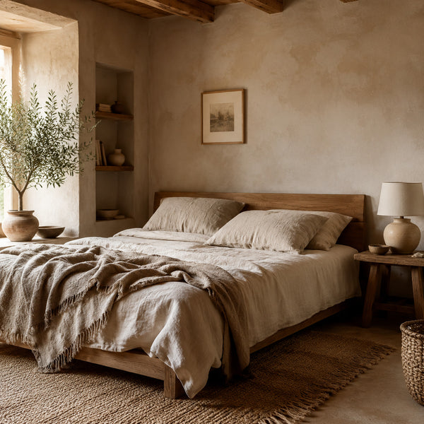 Relaxed bedroom decorated with linen and earthy tones