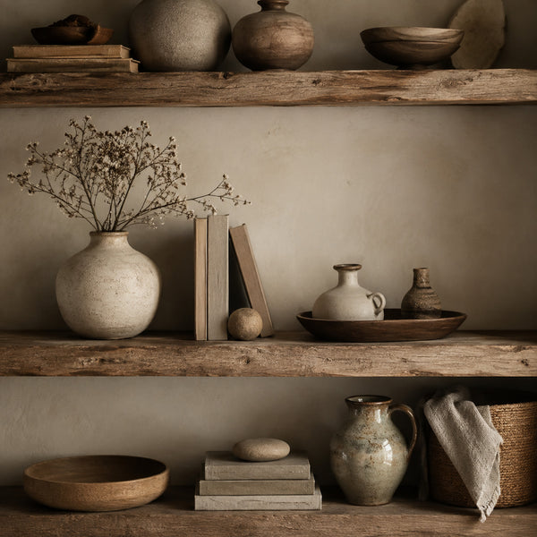 Handmade ceramic vases displayed on wooden shelves