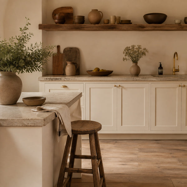 Uncluttered kitchen with natural textures and soft light