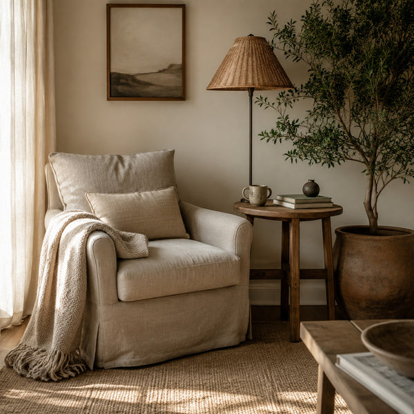 Cozy reading corner with linen chair and wooden side table