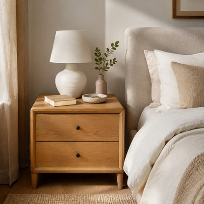 Warm neutral bedroom with practical wooden bedside table styling