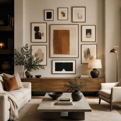 Contemporary living room with curated gallery wall as the main focal point