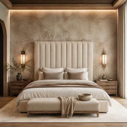 Neutral bedroom with tall upholstered headboard and textured feature wall