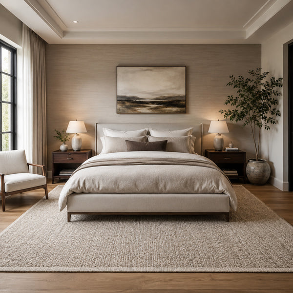 Small living room rug floating beneath coffee table