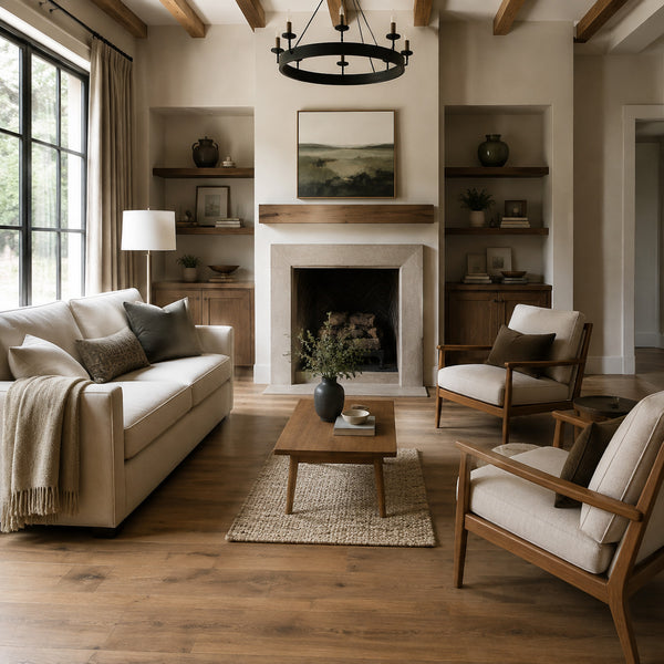 Large bedroom rug extending beyond bed and nightstands