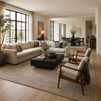 Area rug defining living zone in open-plan apartment