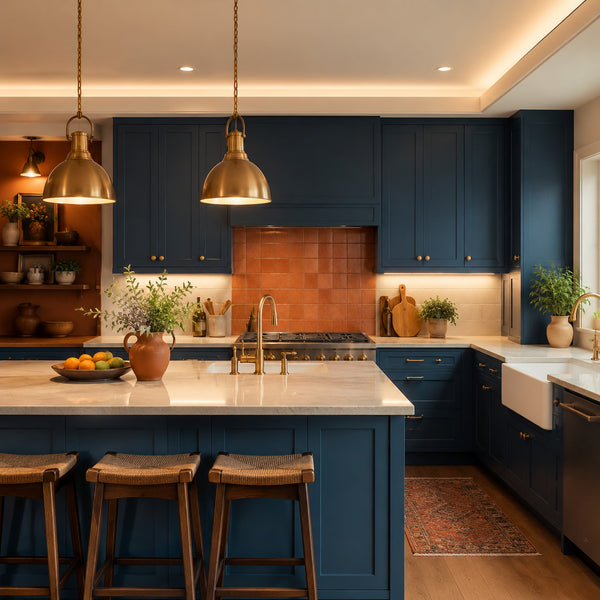 Blue kitchen with brass pendants and under-cabinet task lighting