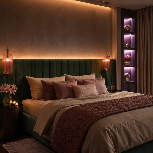 Emerald bedroom with warm ambient and bedside lighting
