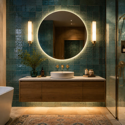 Turquoise bathroom with illuminated mirror and vanity lights