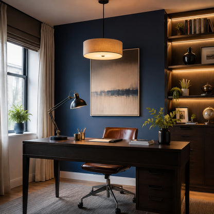 Blue home office with desk lamp and illuminated shelves