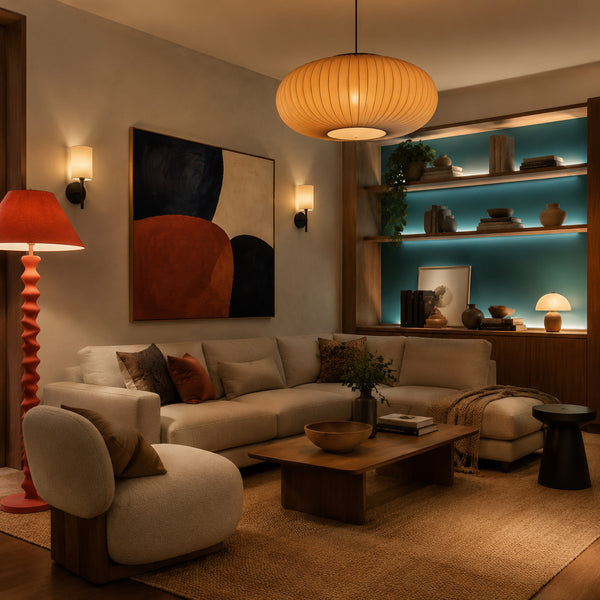 Layered colorful lighting in an elegant modern living room