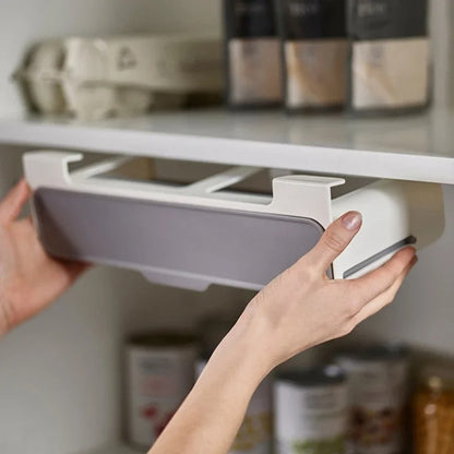 Drill free kitchen spice organizer with sliding drawer