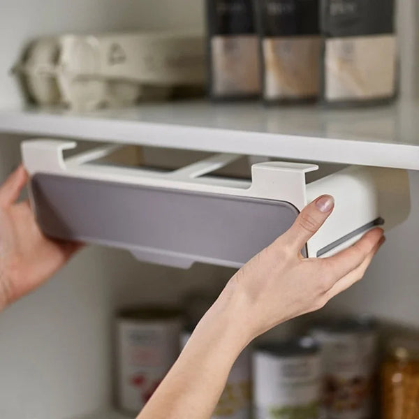 Drill free kitchen spice organizer with sliding drawer