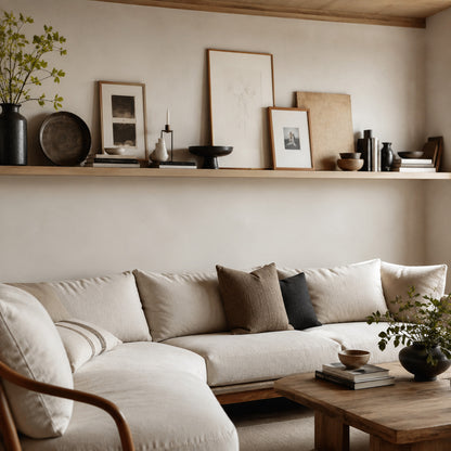 Decorative woven basket arrangement above a wooden dining table